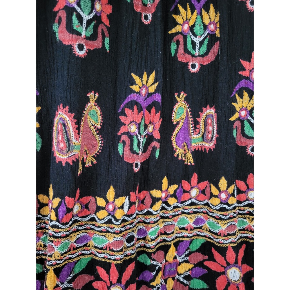 Boho Embroidered Maxi Skirt Black Floral Peacock Festival Bohemian - Picture 2 of 9